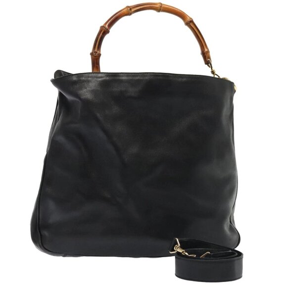 GUCCI Bamboo Shoulder Bag Leather 2way Black Gold - Picture 1 of 15
